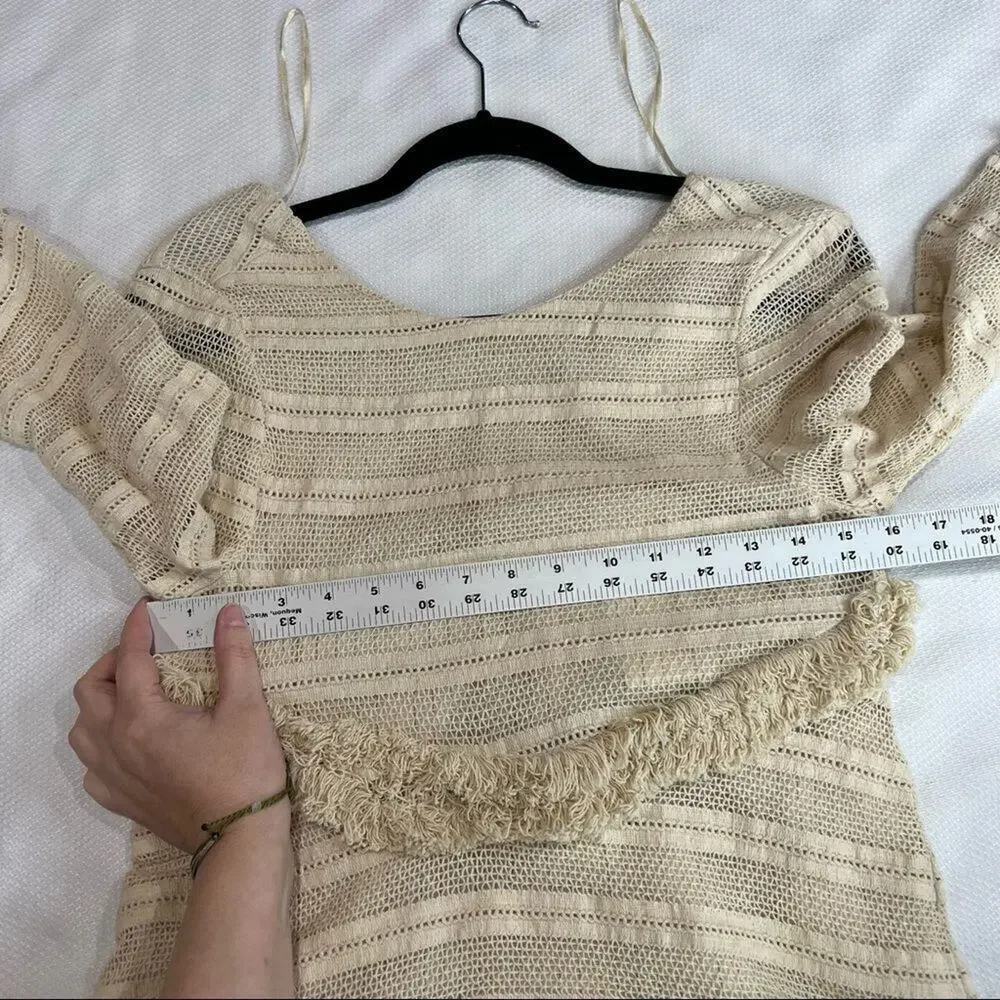 Zara Cream Crochet‎ Boho Fringed Tassel Tie V Neck Blouse